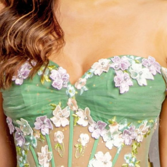 NEW LONG A-LINE SLEEVELESS OFF SHOULDER FLORAL DRESS WITH LACE UP BACK GL3227 - Picture 5 of 12